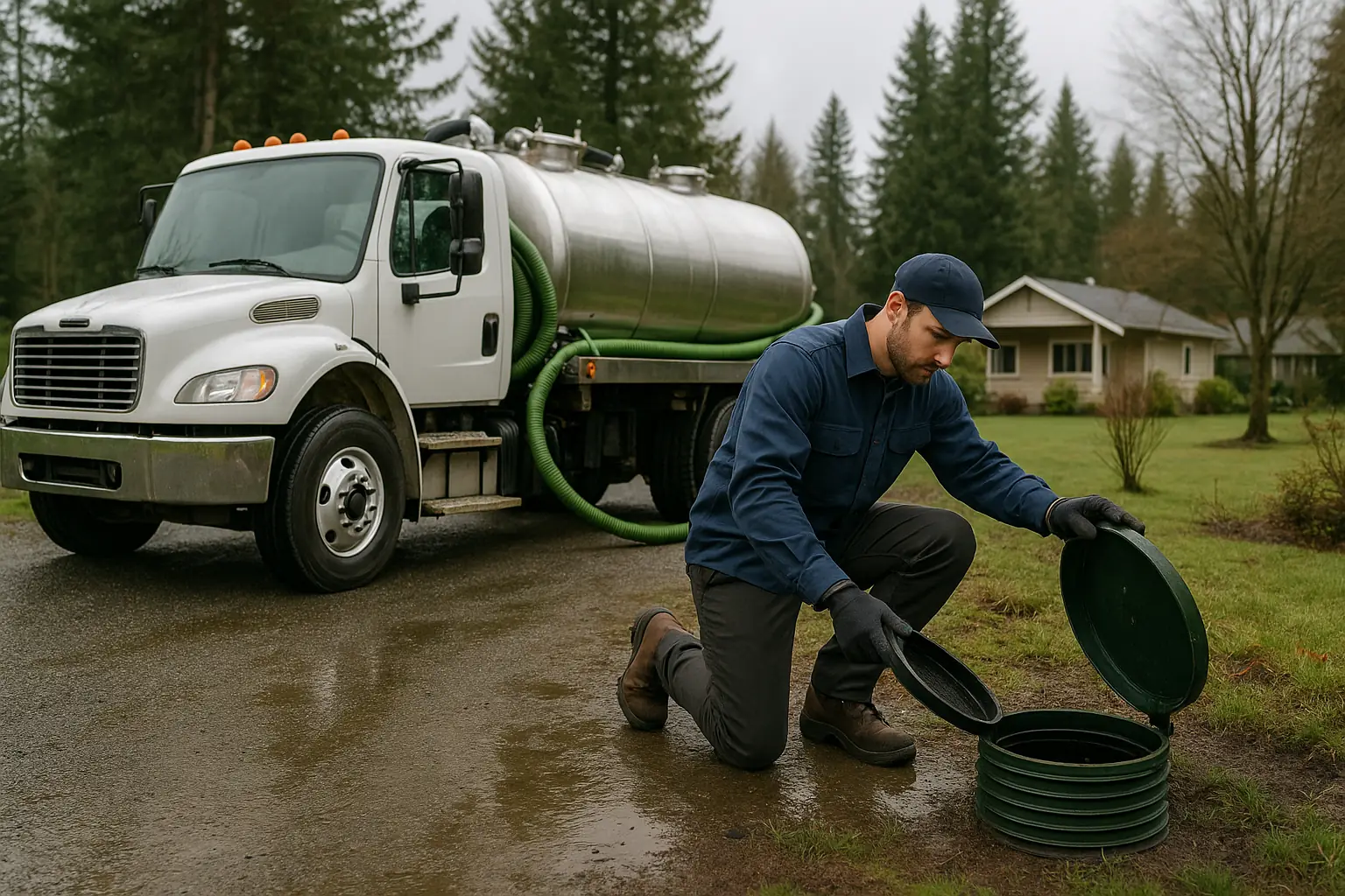 Septic service technician opening a septic tank riser beside a service truck at a Langley-area semi-rural property.