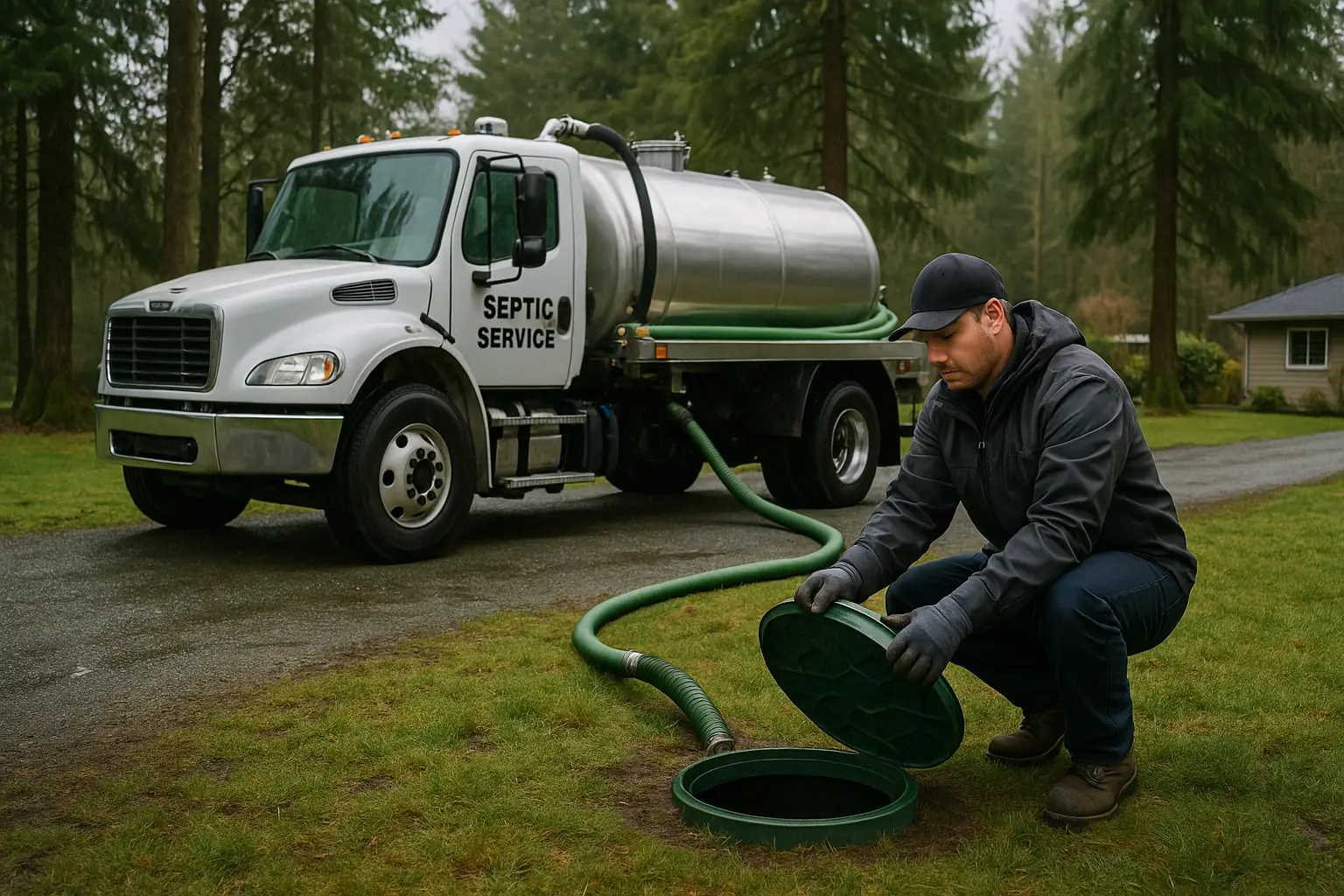 Professional septic technician reviewing a septic access area and surrounding ground conditions at a Langley property.