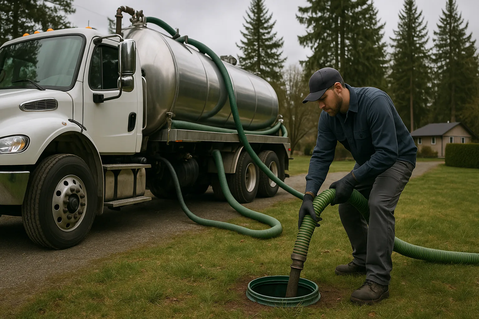 Septic pumping truck and technician working beside an exposed septic riser at a tidy Langley semi-rural property.